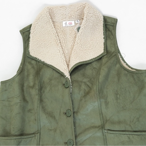 Gorpcore cozy warm faux Suede vest wide collar sherpa lining green Denim & Co XL - Picture 8 of 14